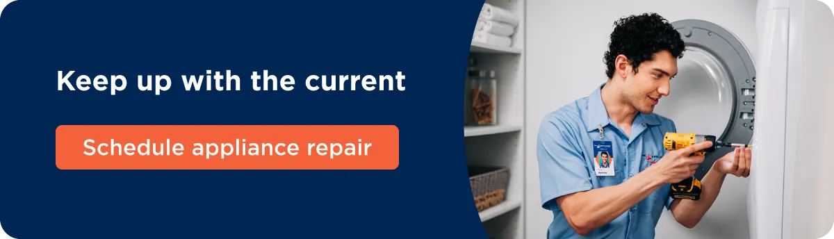 A Mr. Appliance service professional fixes an appliance that’s been overheated alongside text that says, “Keep up with the current. Schedule appliance repair.”