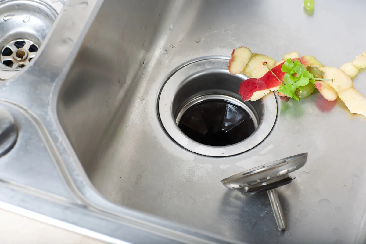 Apple peels falling in garbage disposal. 