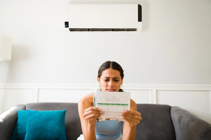 Woman sitting on a sofa and holding a paper electric bill in both hands, furrowing her brow in confusion