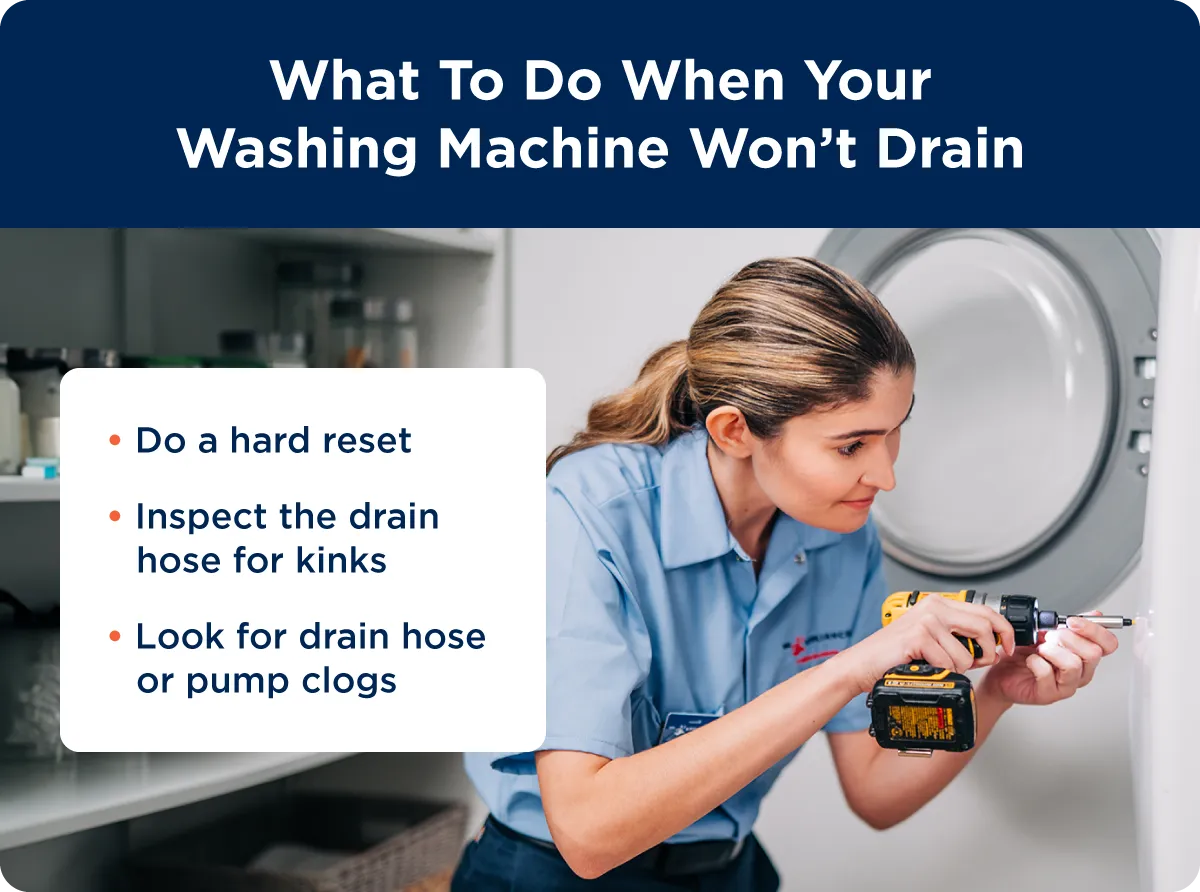 Troubleshooting steps to take when your washing machine won’t drain including: perform a master reset, test the lid switch assembly, see if the drain hose is kinked, check the drain hose or pumps for clogs, clean out the coin trap, and check the water level control.