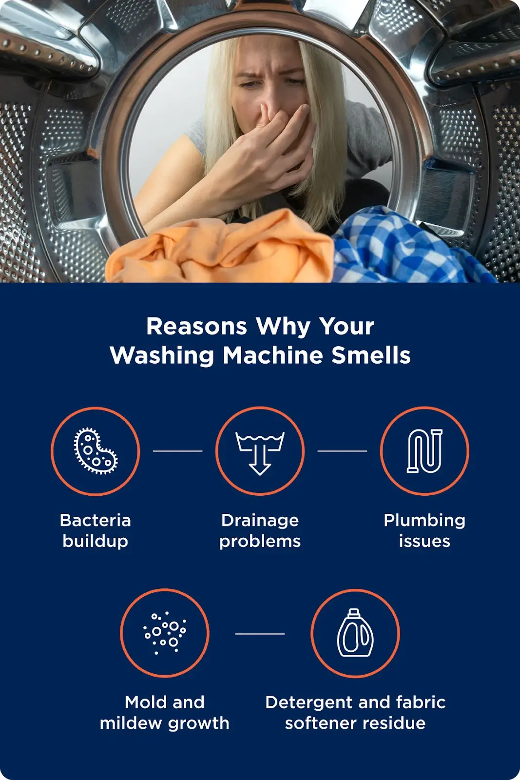 Reasons why your washing machine smells: bacteria buildup, drainage problems, plumbing issues, mold and mildew growth, detergent and fabric softener residue.