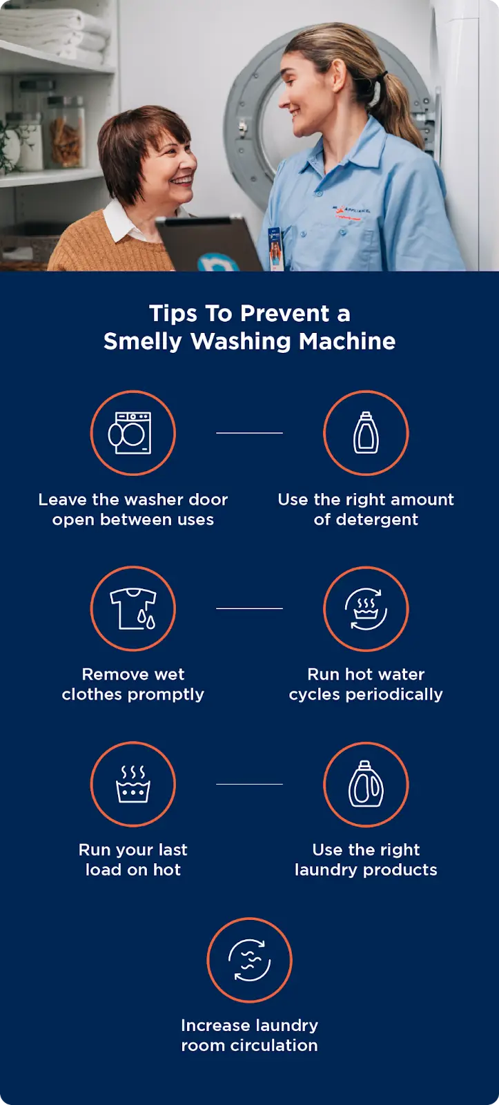 Tips for preventing a smelly washing machine include leaving the door open, using the right amount of detergent, removing wet items immediately, running hot water cycle periodically, run your last load on hot, use the right laundry products, and increase laundry room circulation.