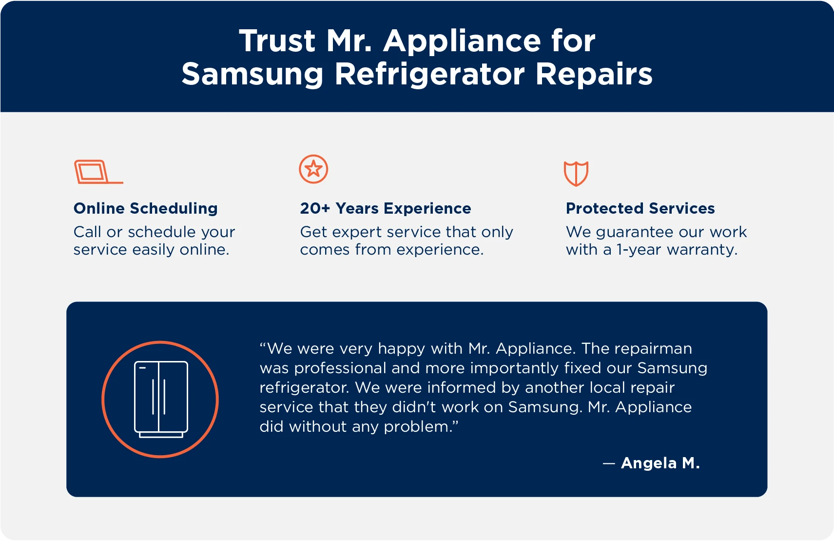 Testimonials for Mr. Appliance Samsung refrigerator repairs.