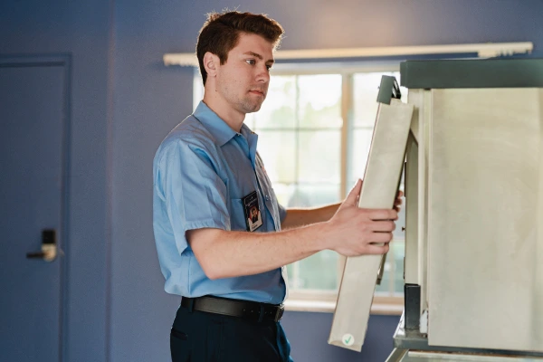 Service professional holding an ice machine.