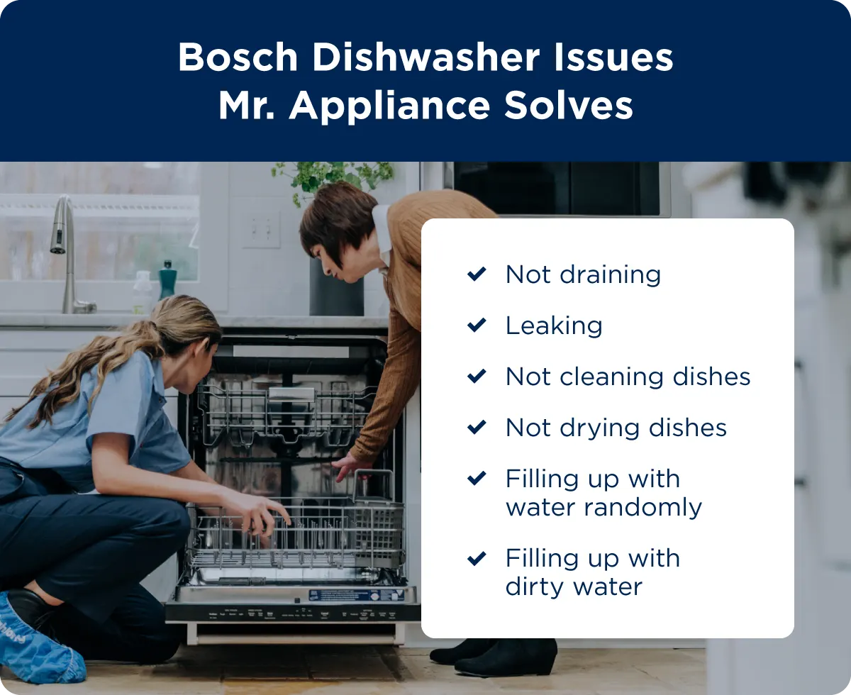 The Bosch dishwasher problems Mr. Appliance solves: not draining, leaking, not cleaning dishes, not drying dishes, filling up with water randomly, filling up with dirty water.