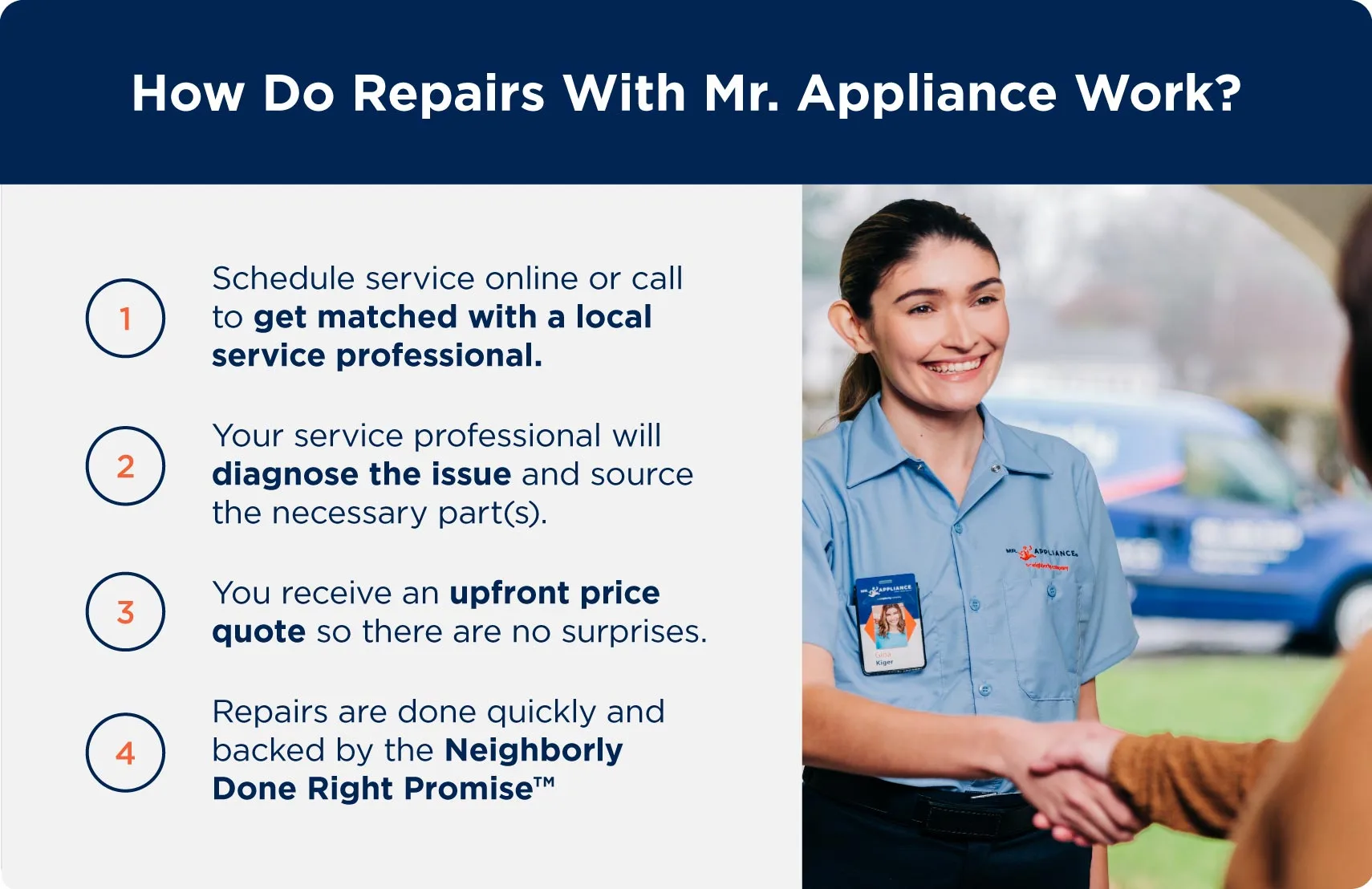 How Sub-Zero refrigerator repair services with Mr. Appliance work: schedule service online, your service professional will diagnose the issue, you receive an upfront price quote, and repairs are done quickly.
