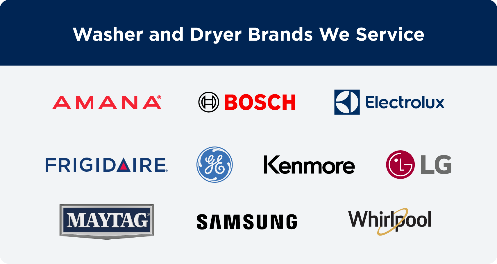 Washer and dryer brand names and logos that Mr. Appliance services: Amana, Bosch, Electrolux, Frigidaire, GE, Kenmore, LG, Maytag, Samsung, Whirlpool