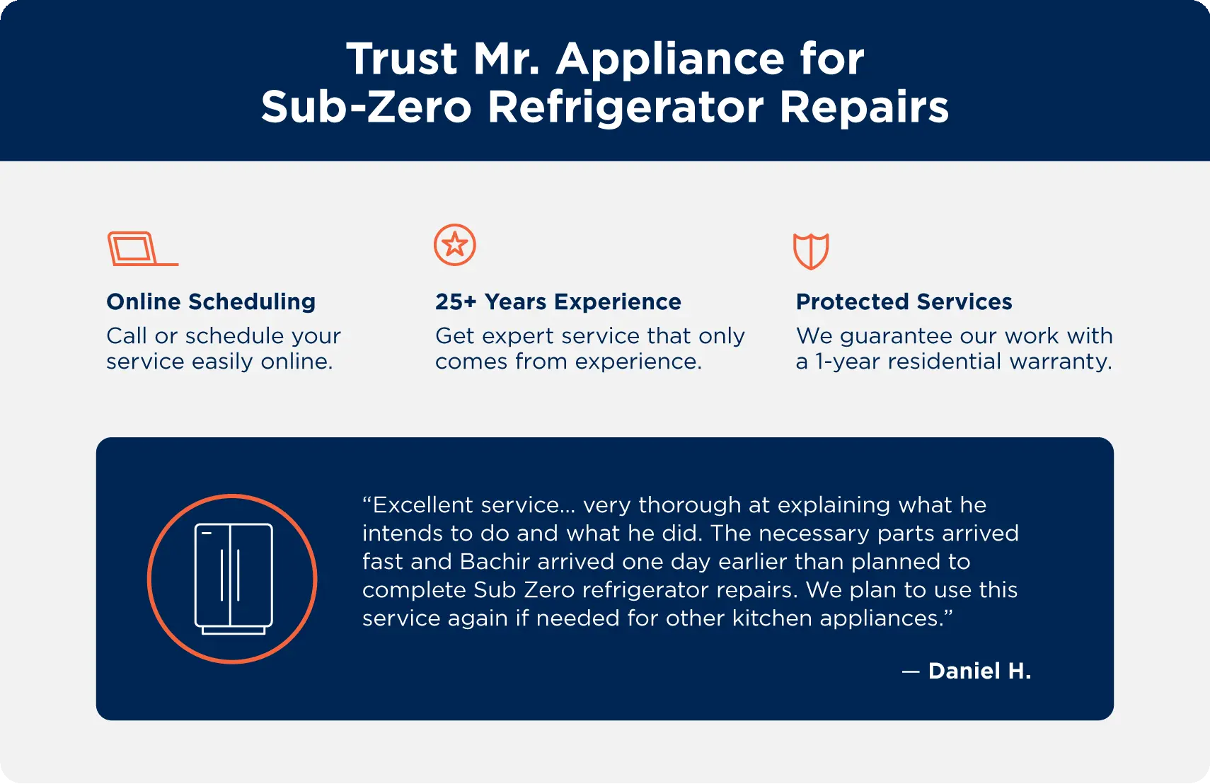 Testimonials for Mr. Appliance Sub-Zero refrigerator repairs.
